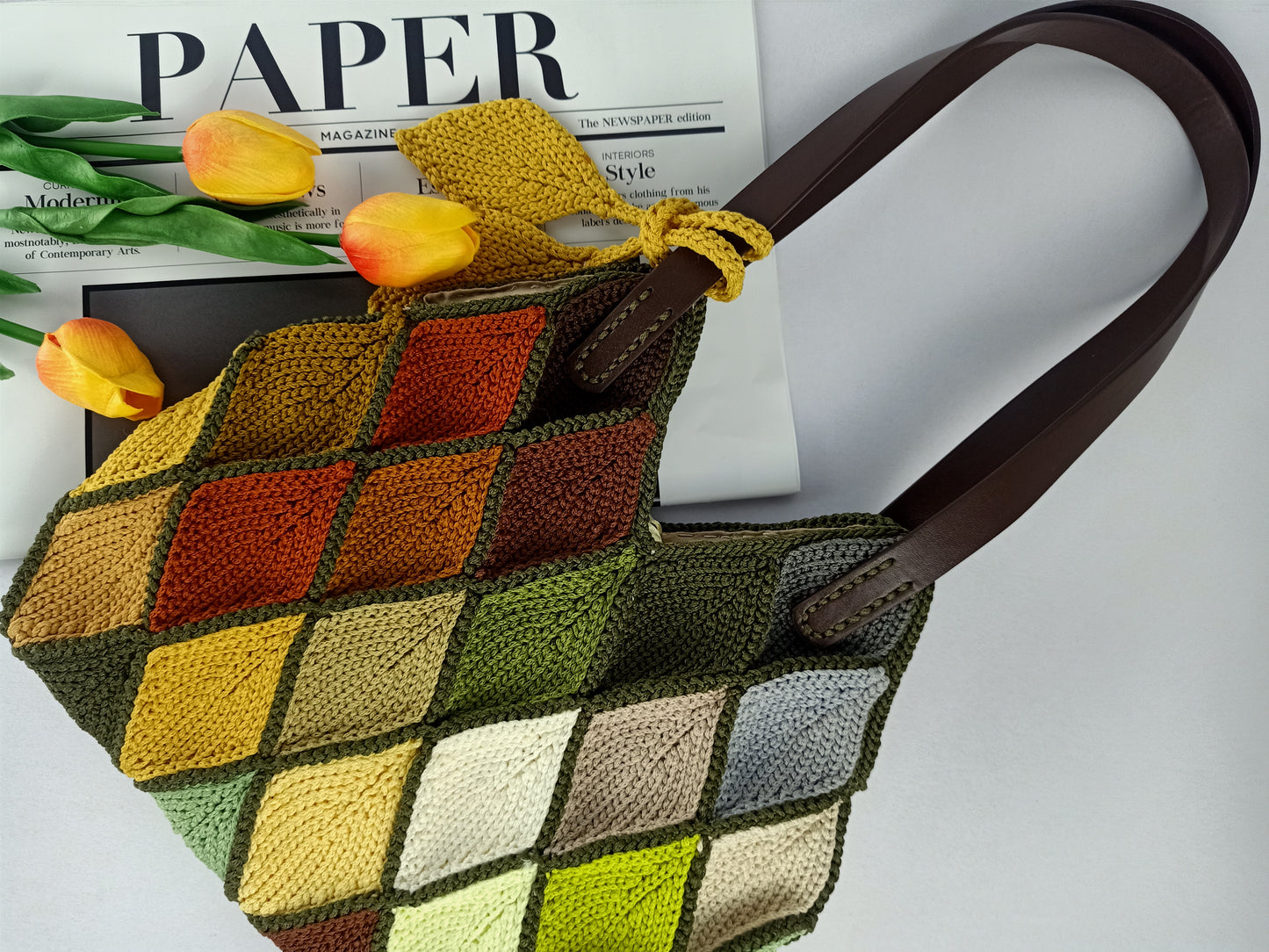 Autumn leaves bag, multicolor crochet bag with leather strap, black friday sale off