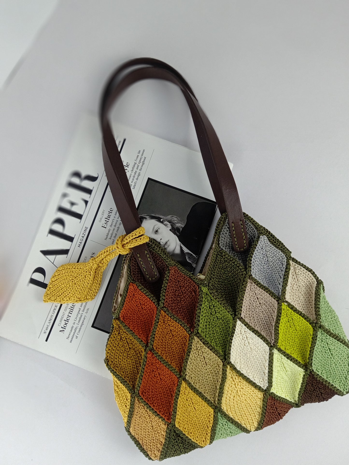 Autumn leaves bag, multicolor crochet bag with leather strap, black friday sale off